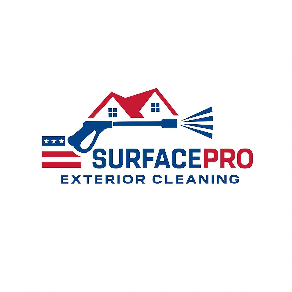 Logo for SurfacePro Exterior Cleaning featuring a pressure washer and house.