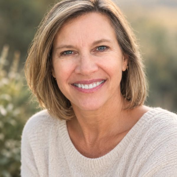 Smiling woman with blonde hair and a beige sweater.