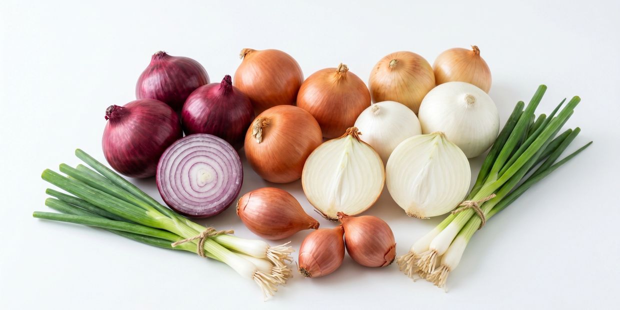 Various types of onions including red, yellow, white, shallots, and green onions arranged on a white surface.