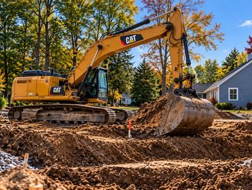 Yellow CAT excavator digging earth in a forested residential area.