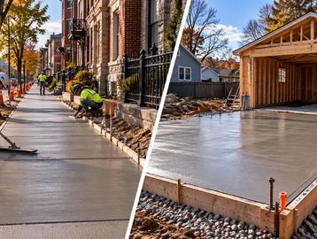 Workers pouring and smoothing concrete for sidewalks and driveway.