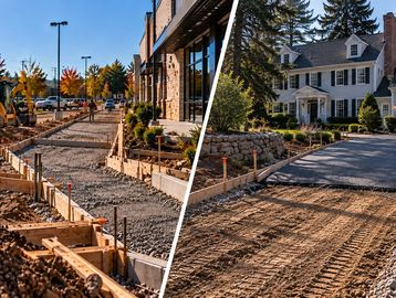 Side-by-side images of driveway construction at residential and commercial sites.