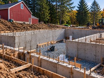 Foundation of a building under construction near a red barn.
