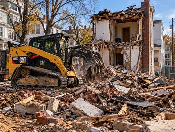 Demolition site with heavy machinery and rubble.