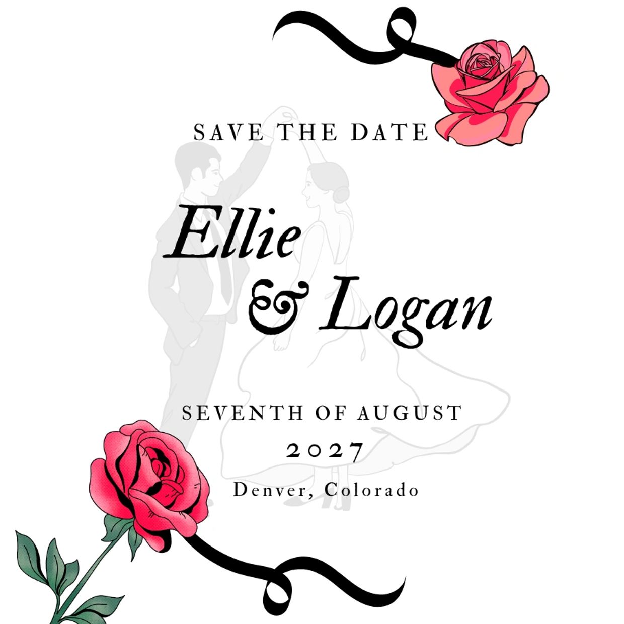 Elegant wedding save-the-date with roses and couple silhouette.