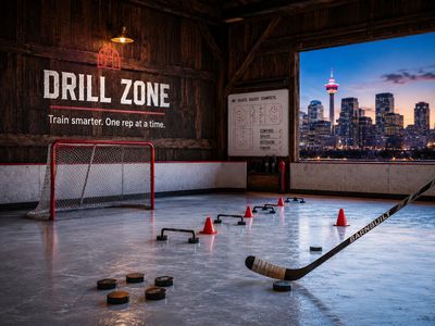Indoor hockey training area with pucks, cones, and a city skyline backdrop.
