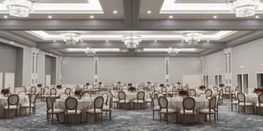 Boutique resort ballroom with spacious tables, resort interior design
