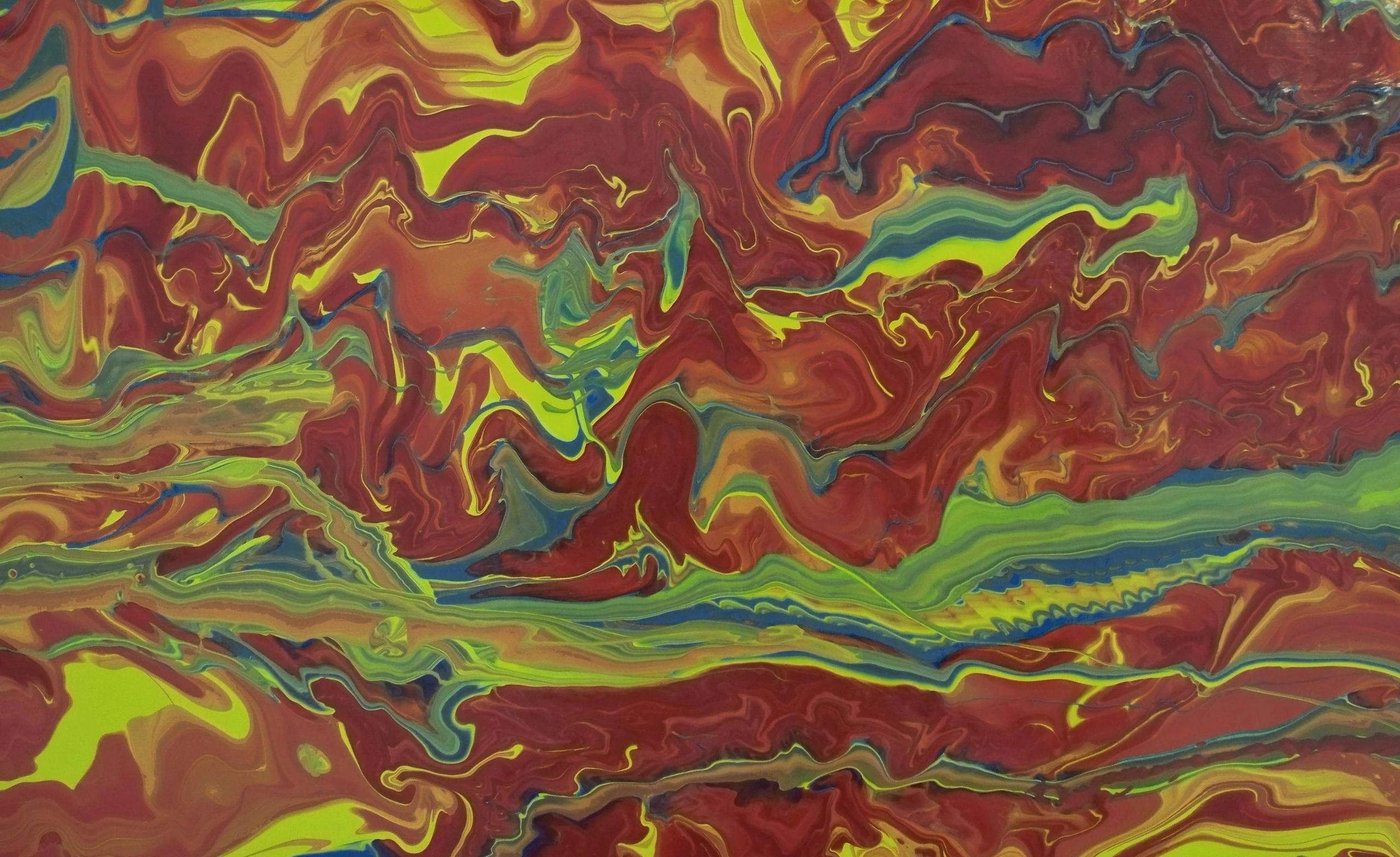 "Magmatic duel"painting.Hand applied swirls of colors,Sylvain St-Pierre.Find the 2 protagonits!