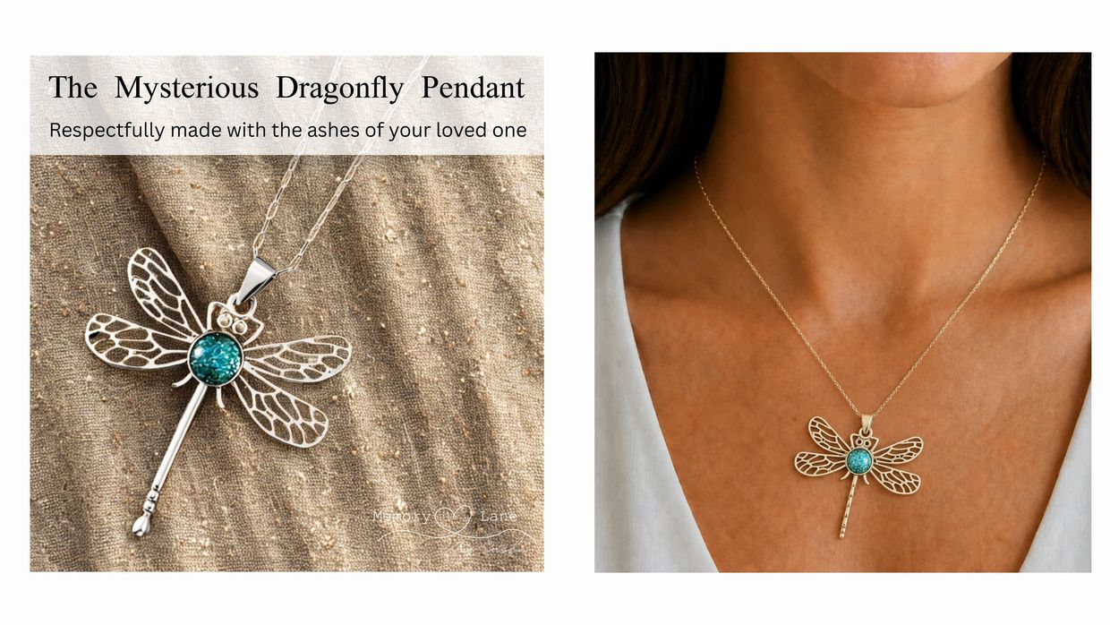 Dragonfly pendant jewelry made with ashes of a loved one.