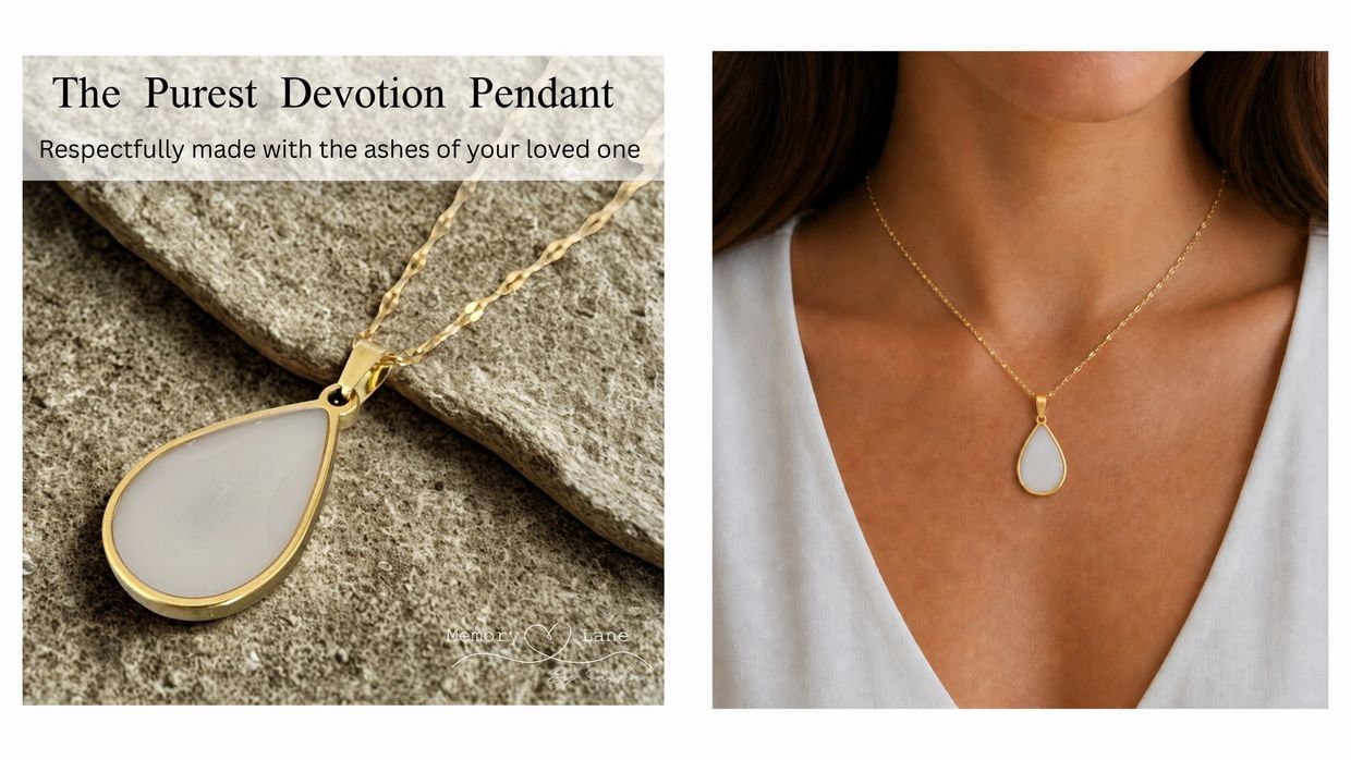 Elegant gold teardrop pendant made with ashes of loved ones.