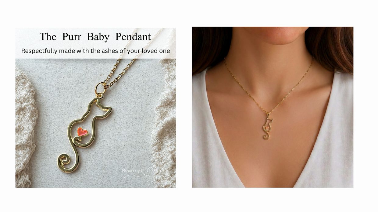 Gold cat pendant necklace with a heart and ashes inside.
