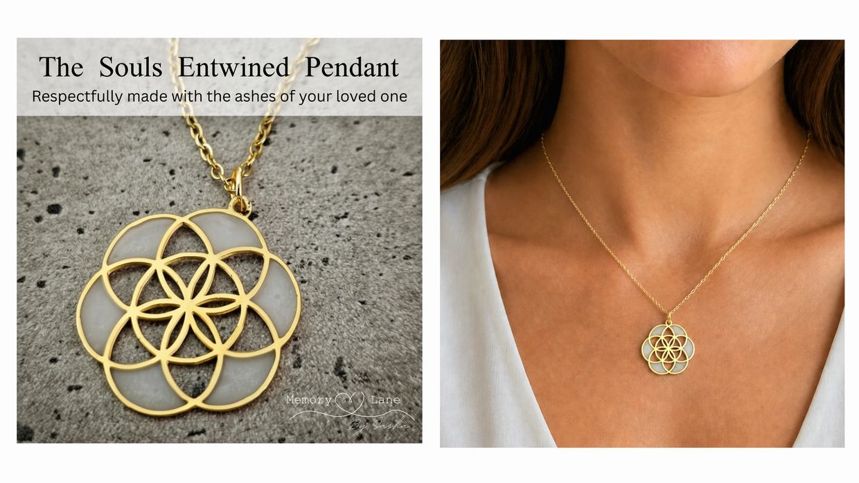 Gold Souls Entwined Pendant with ashes inside.