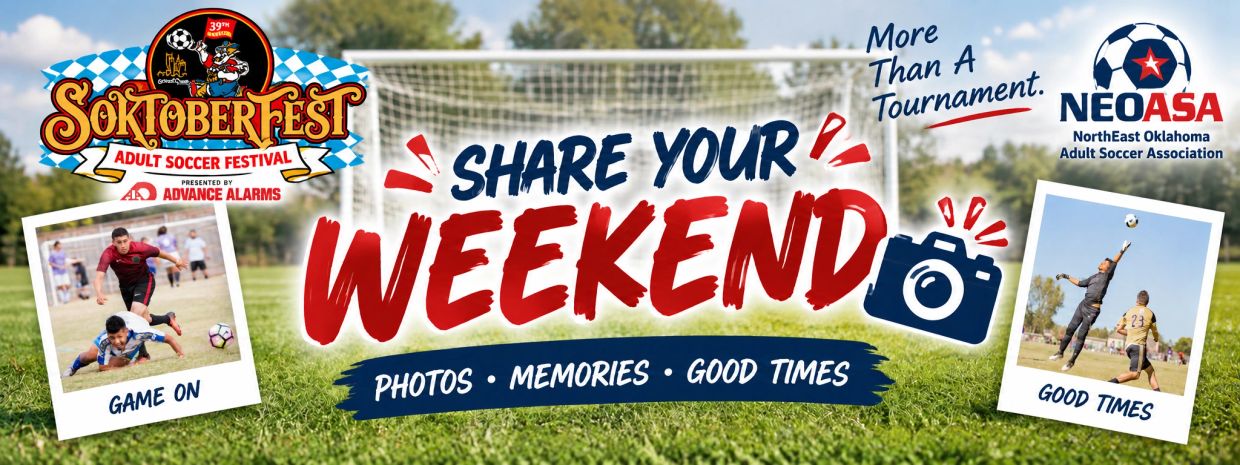 Soktoberfest Adult Soccer Festival invitation to share weekend photos and memories.