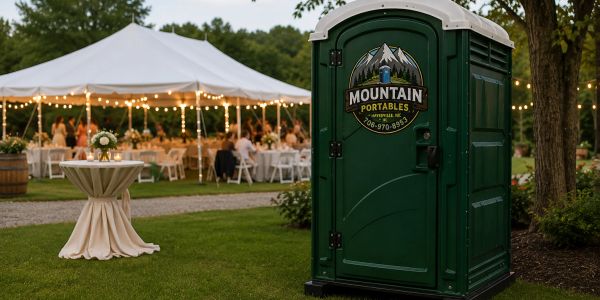 Green portable restroom at an outdoor event with a lit tent in the background.