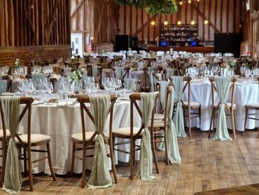 Wedding reception styling with sage green chair sashes