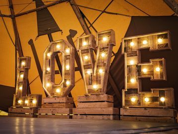 Wooden light up love letters - Rustic wedding decor hire Bracknell Berkshire.