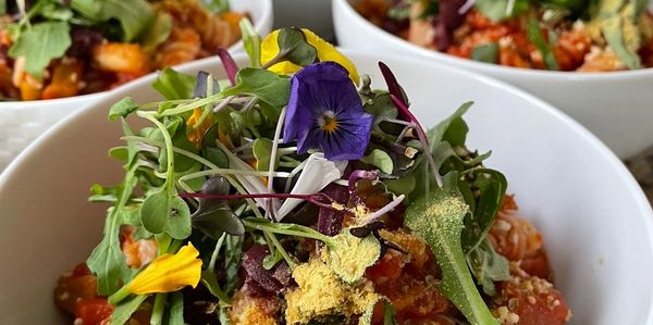 Vegan food decorated with flowers at luxury yoga teacher training retreat Manuel Antonio Costa Rica
