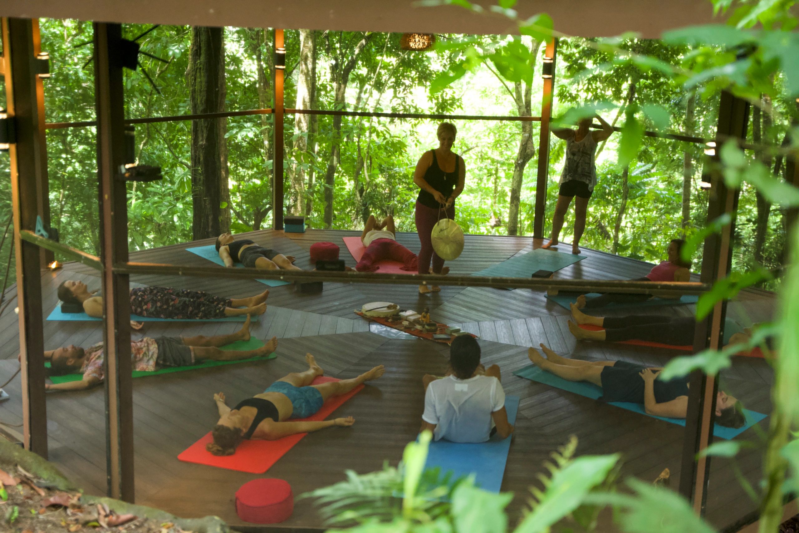 Meditation and sound bath on jungle deck at 200 hour yoga teacher training Manuel Antonio Costa Rica