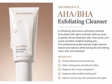 SkinMedica AHA/BHA Exfoliating Cleanser with dual-action acids for smooth, bright skin.