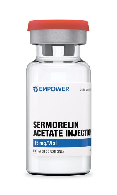 Vial of Sermorelin Acetate Injection with red cap and clear labeling.