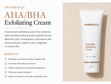 SkinMedica AHA/BHA Exfoliating Cream with alpha and beta hydroxy acids for smoother skin.