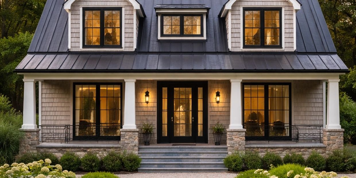 Cozy house with warm-lit windows and a manicured garden path.