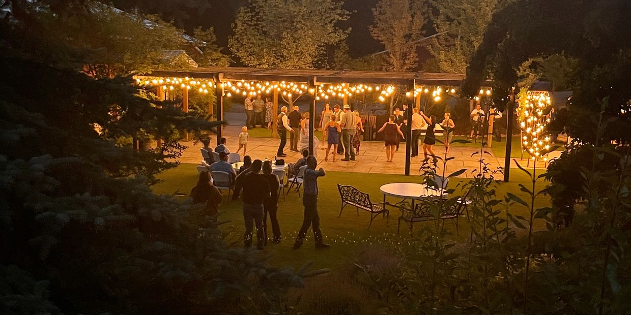 a wedding reception at dusk