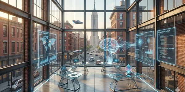 Futuristic office with holographic brain and data displays overlooking a cityscape.