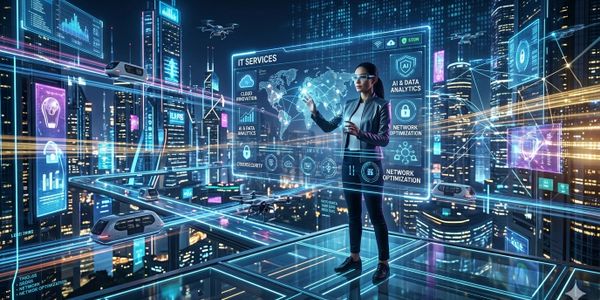 Woman interacting with futuristic digital IT services interface in a smart city.