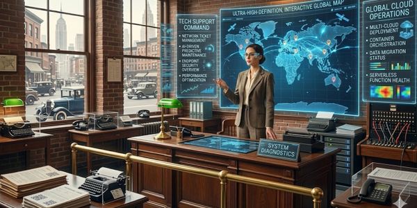 A professional woman analyzing global tech data in a vintage office.
