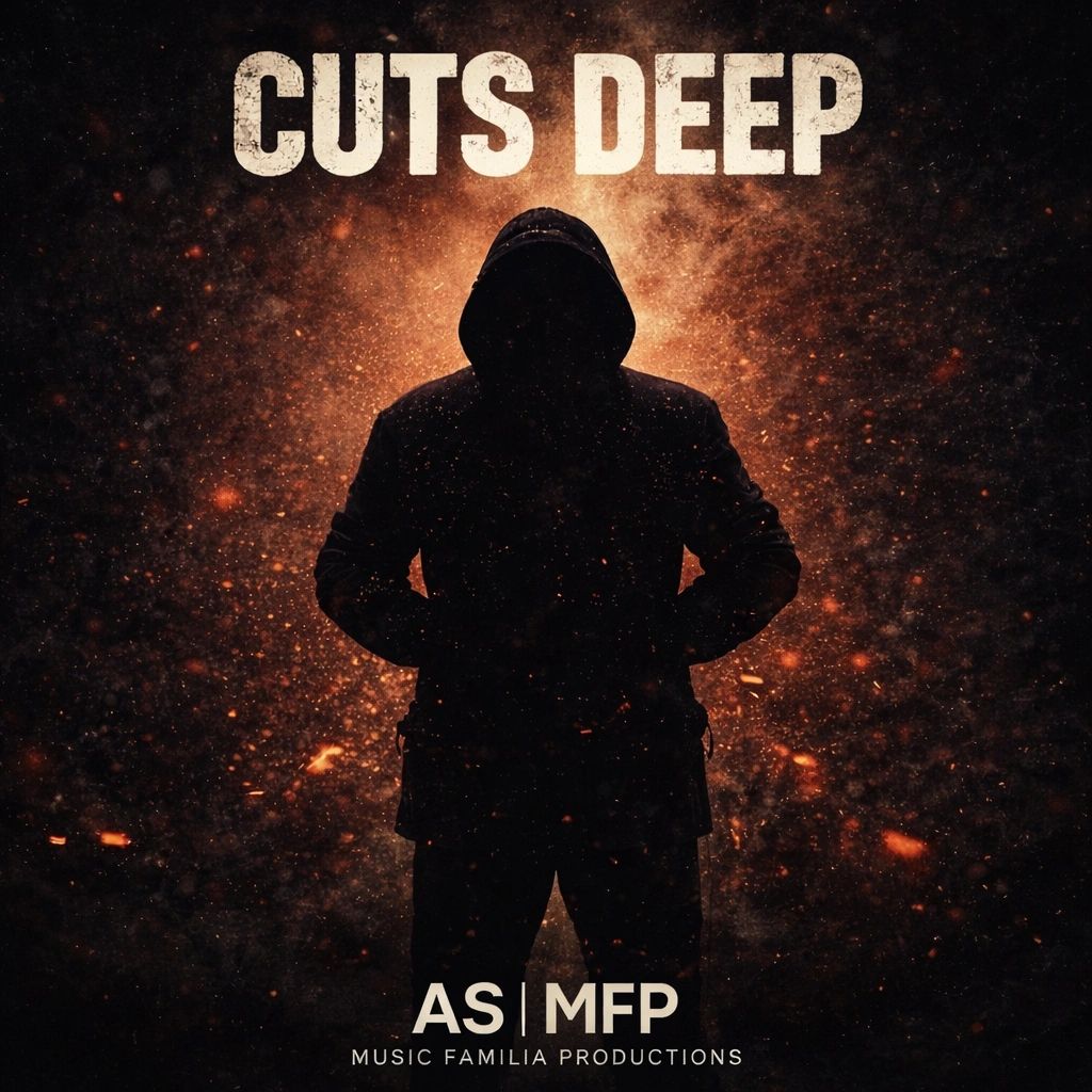 hooded figure in fiery sparks, Cuts Deep song artwork, raw transmission music, emotional mental health song, independent artist release about trauma and resilience