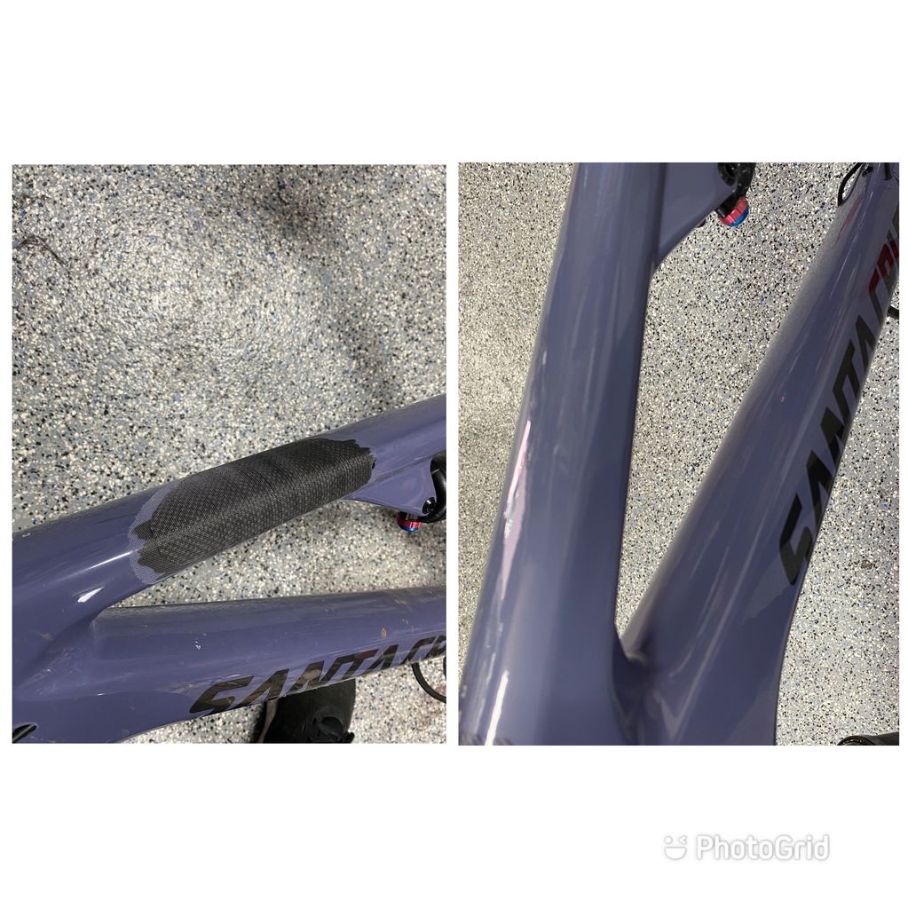 Santa Cruz top tube damaged from a crash. We repaired the crack and did a paint match. 