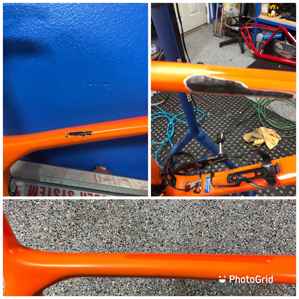 Giant top tube damage caused from a crash during a ride. We also did a paint match. 