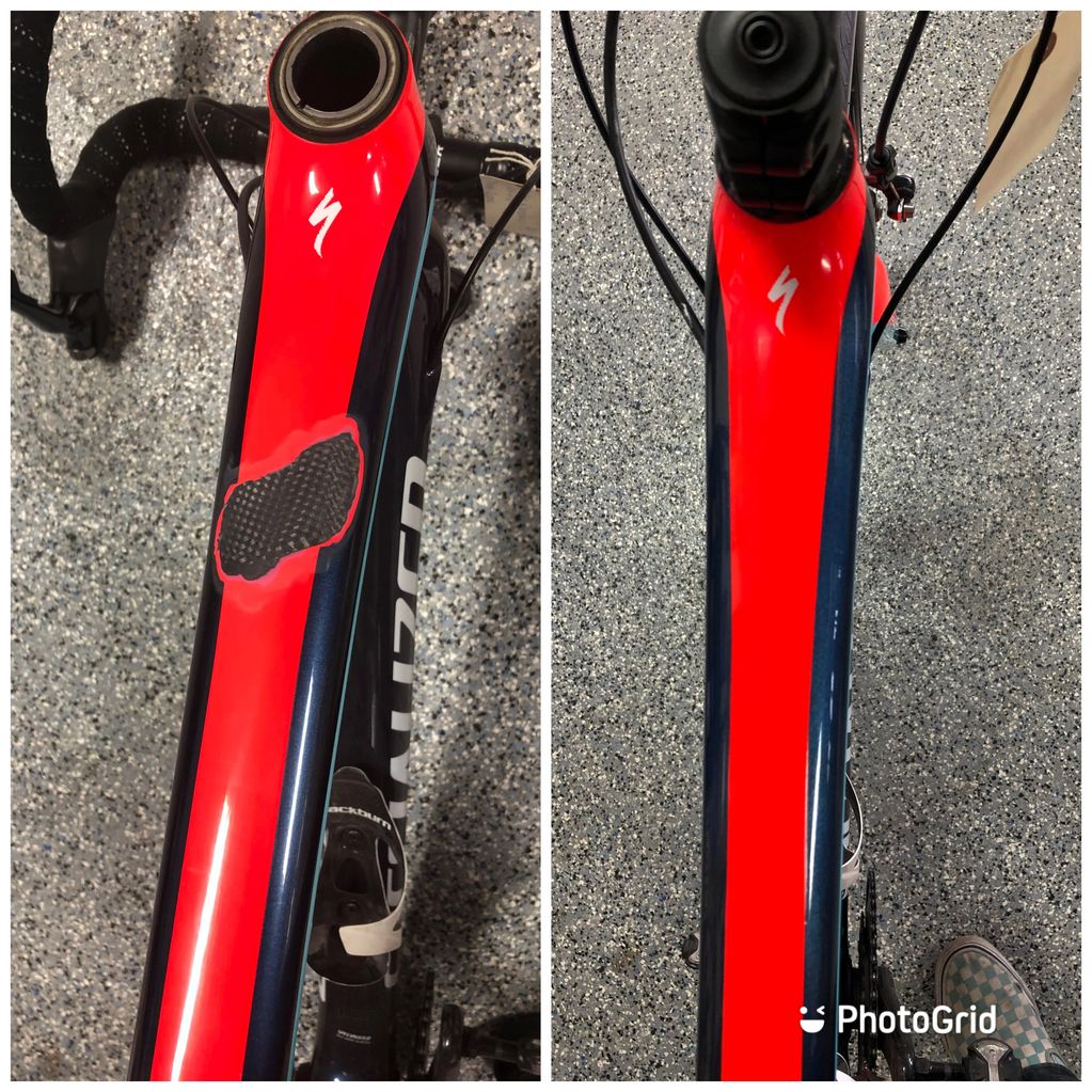 Specialized road bike top tube damage caused by accident. We repaired the broken carbon and did a pa