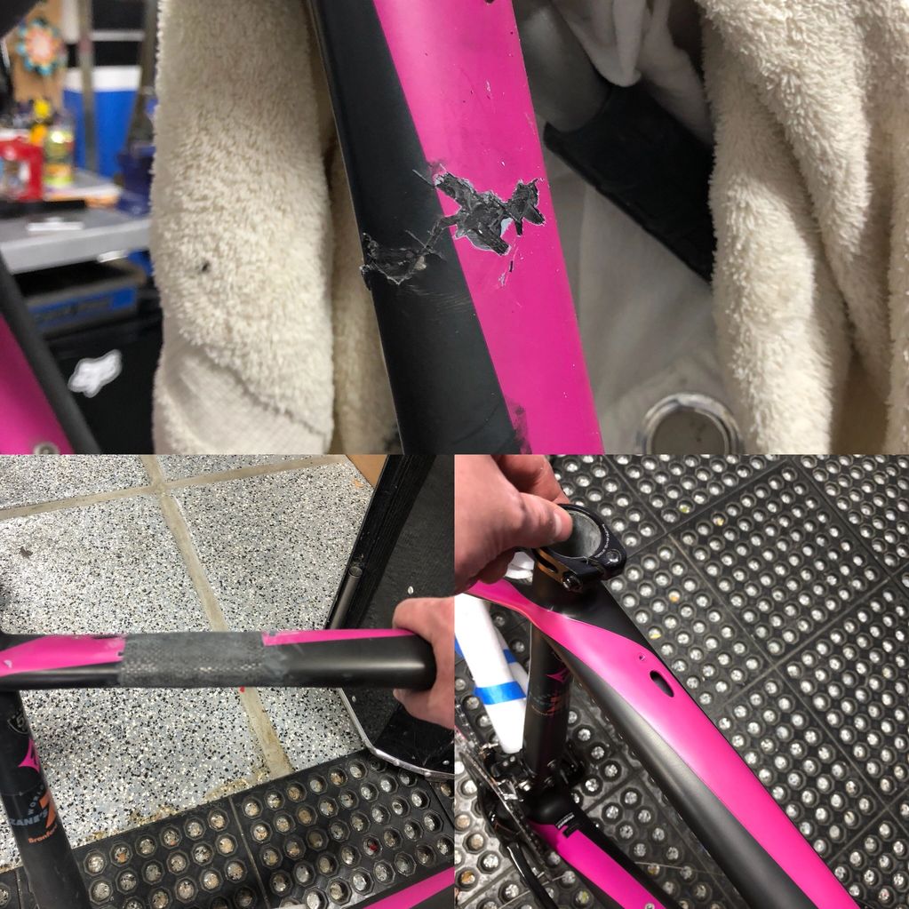 Specialized Top Tube damaged in shipping. We were able to repair the carbon and do a paint match.