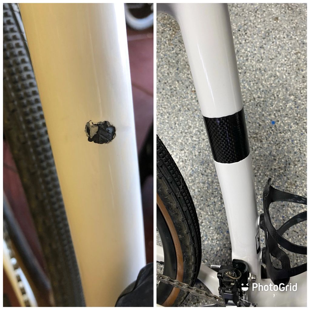 Otso seat tube repair. In lieu of a paint match, we did a carbon band.