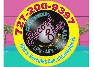 Clearwater Record Shop logo with contact and location details.