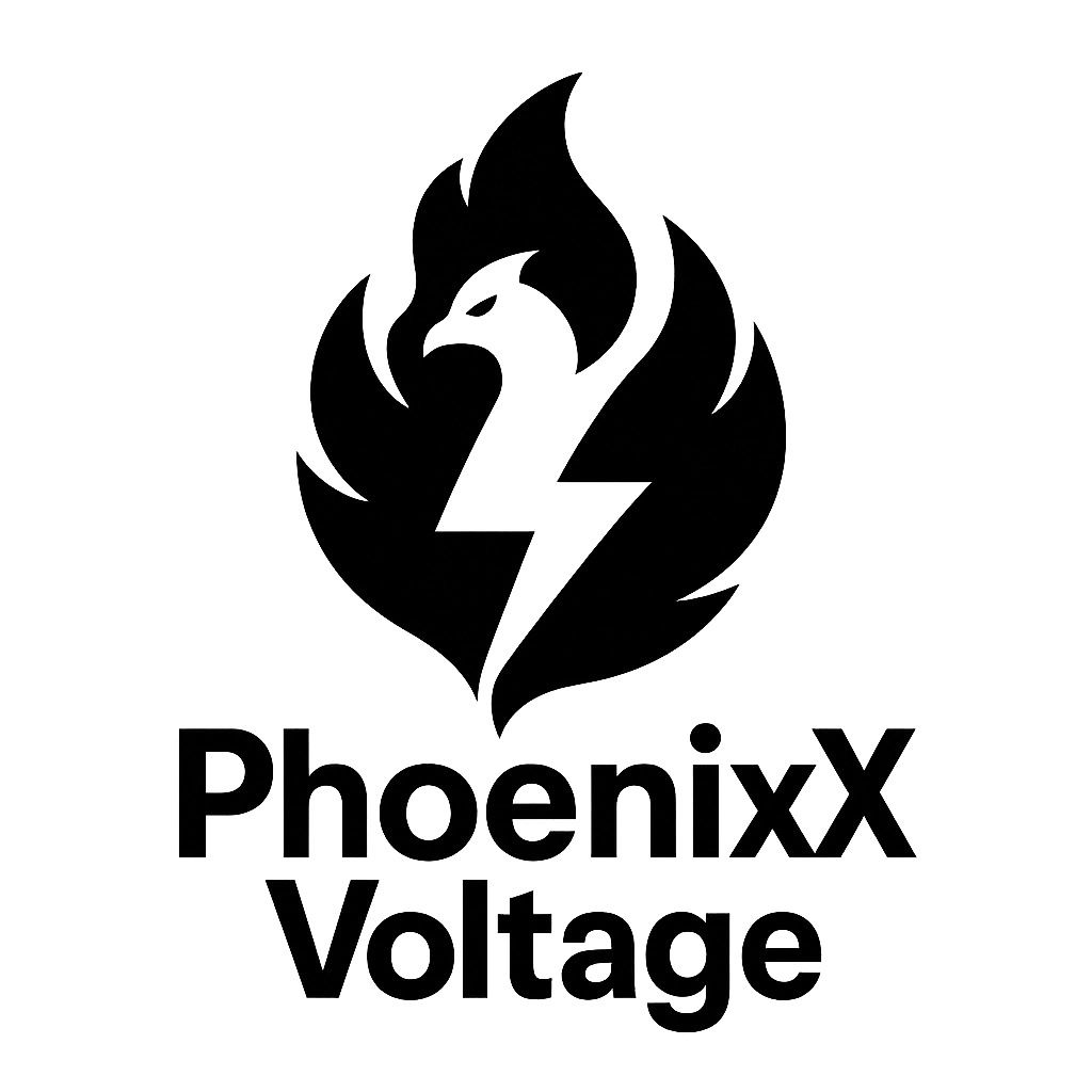 Black and white PhoenixX Voltage logo with a stylized phoenix and lightning bolt.