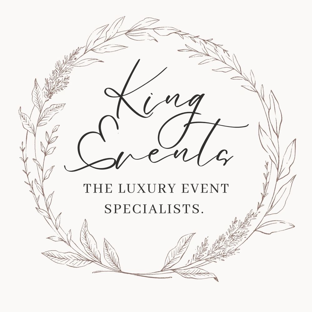 Elegant logo for King Events, luxury event specialists, framed by a delicate leaf wreath.