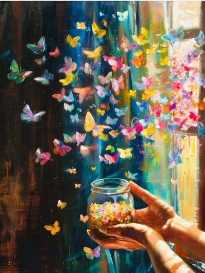 Hands releasing colorful butterflies from a jar in a vibrant, dreamy setting.