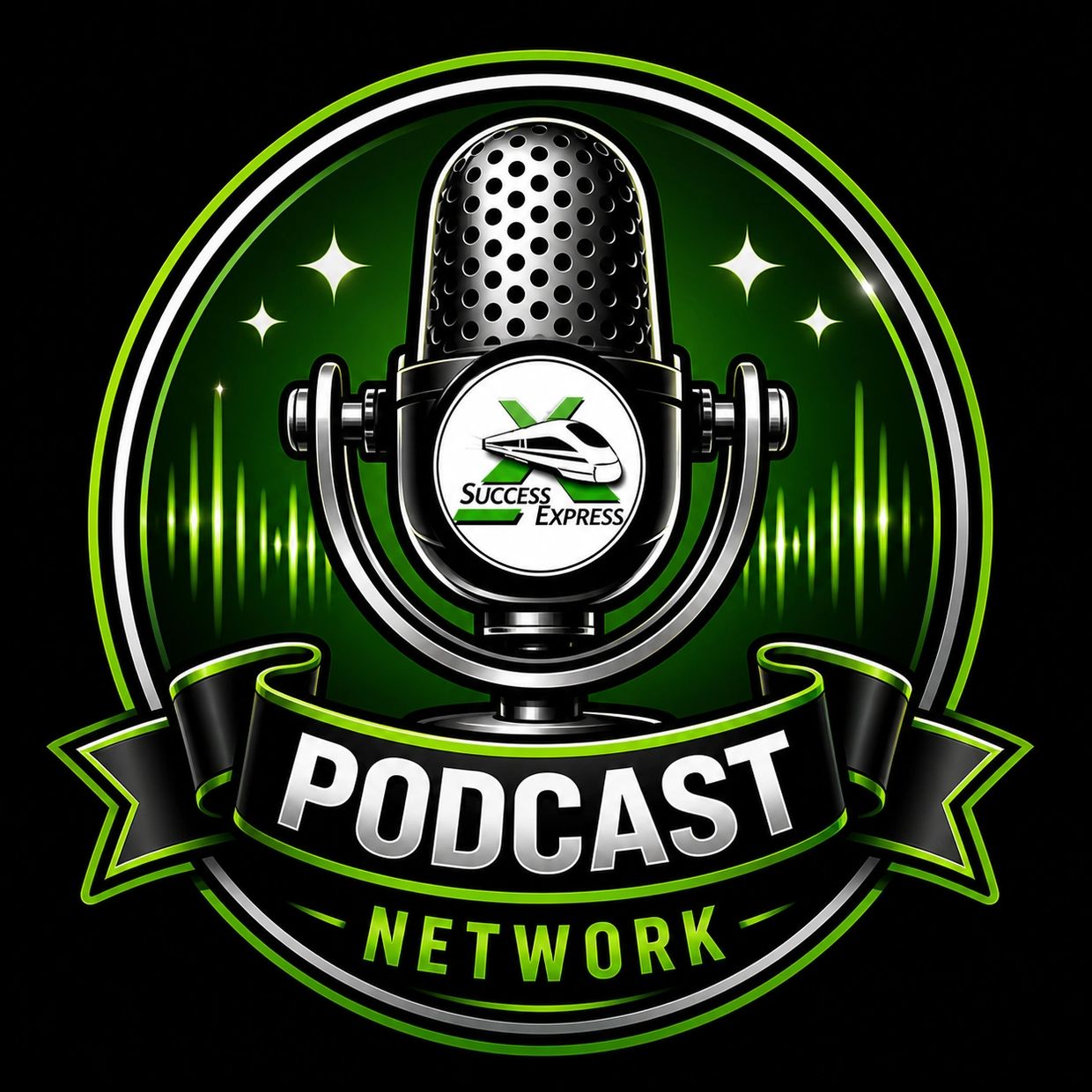 Logo of Success Express Podcast Network featuring a vintage microphone and green accents.