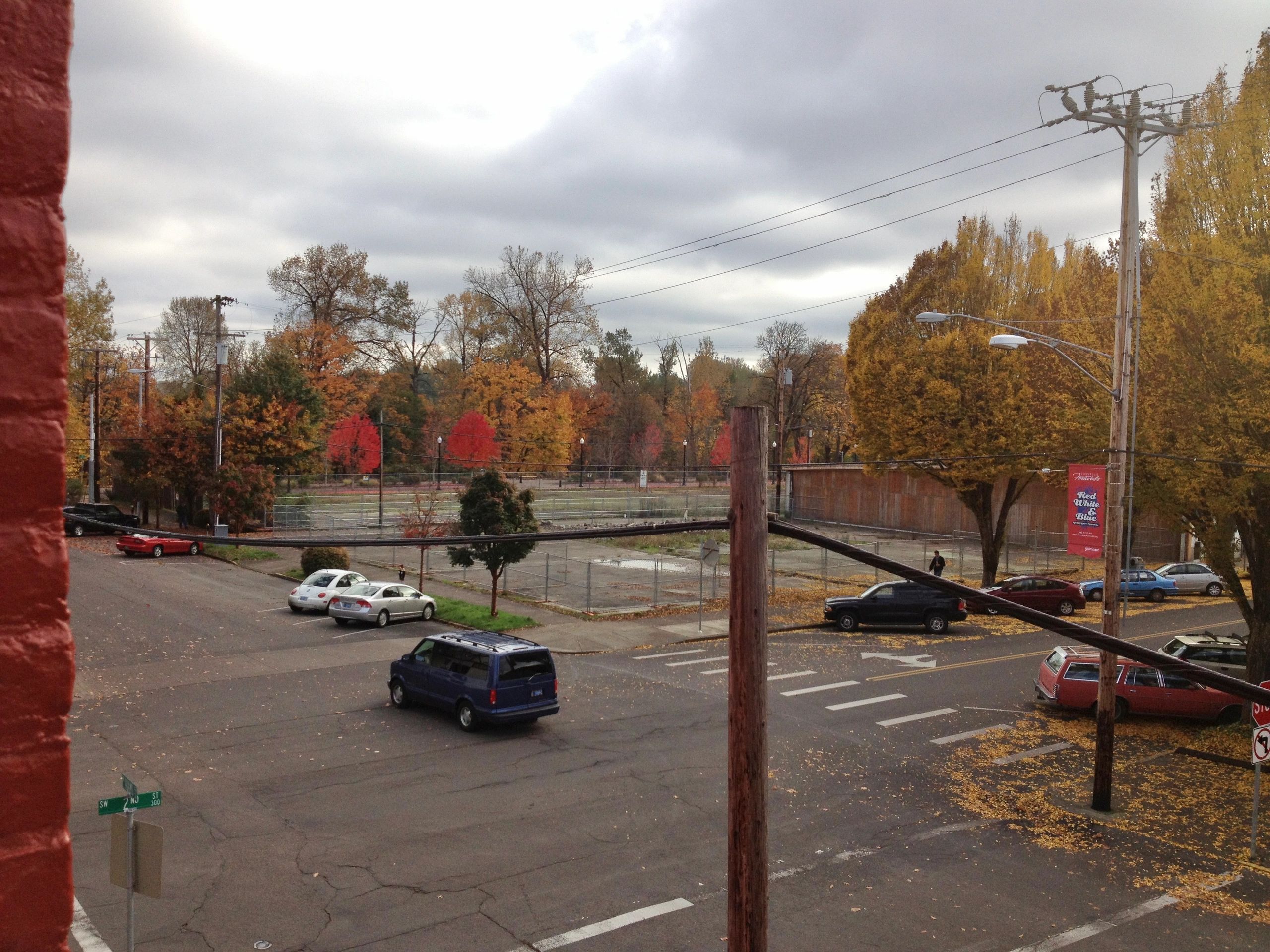 Fall view from my office.  Notice the empty lots and trees along the Willamette.  11/6/12