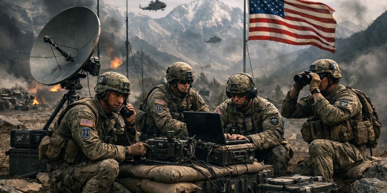 Soldiers coordinating in a battlefield with helicopters and explosions.