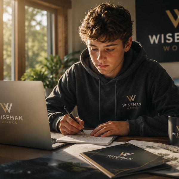 Young man focused on writing at a desk with Wiseman Works branding.