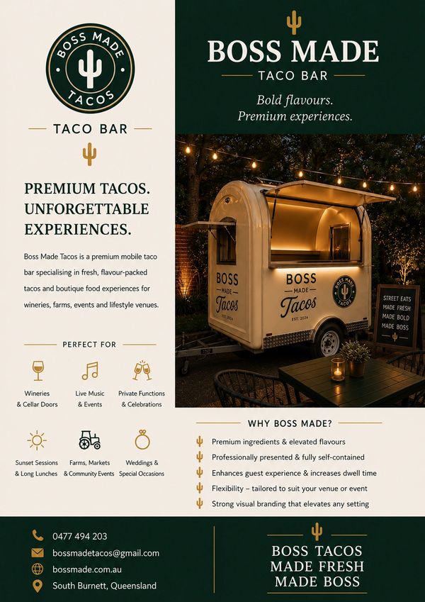 Mobile taco bar Boss Made Tacos offers premium, flavour-packed tacos for events and venues.