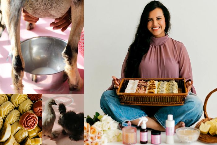 Woman enjoying time with animals on a farm.