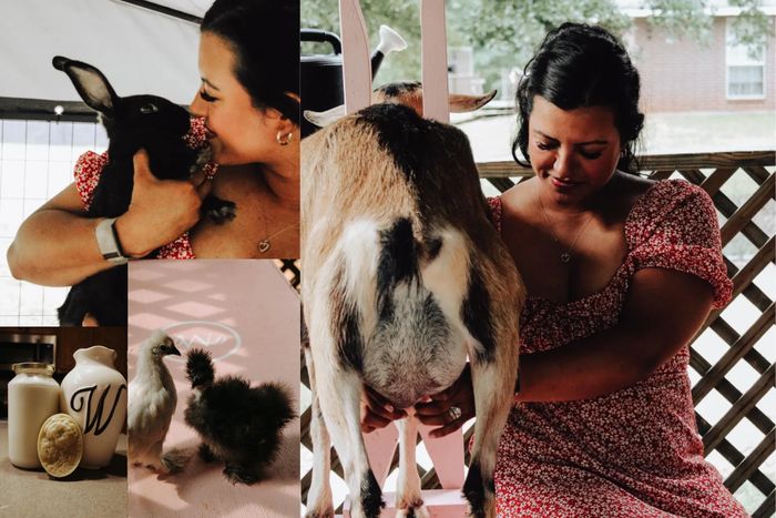 Woman enjoying time with animals on a farm.
