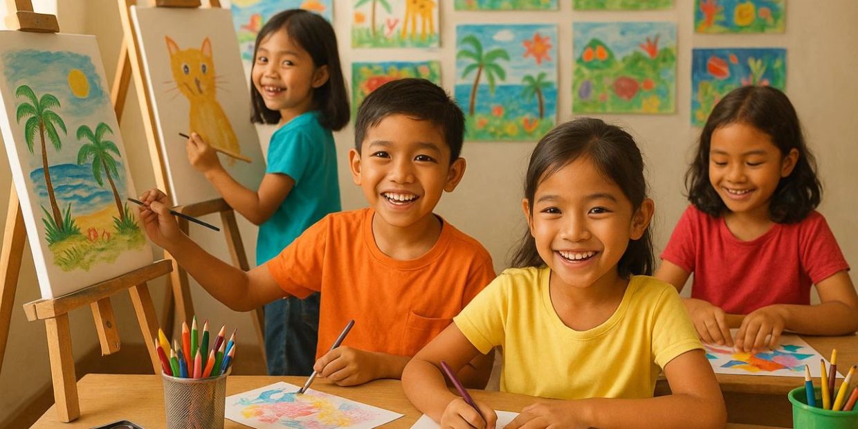 Happy kids painting and drawing in an art class.