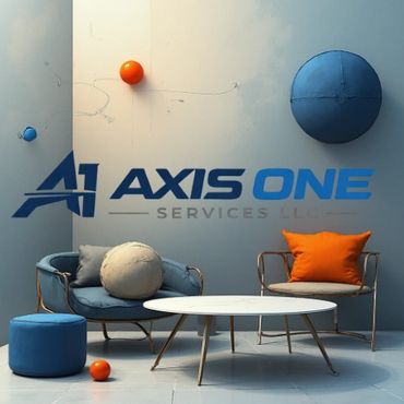 Modern lounge area with blue and orange decor and Axis One Services LLC logo.
