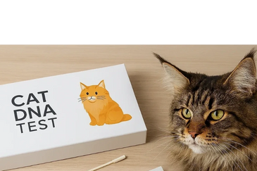 A cat next to a cat DNA test kit on a wooden table.